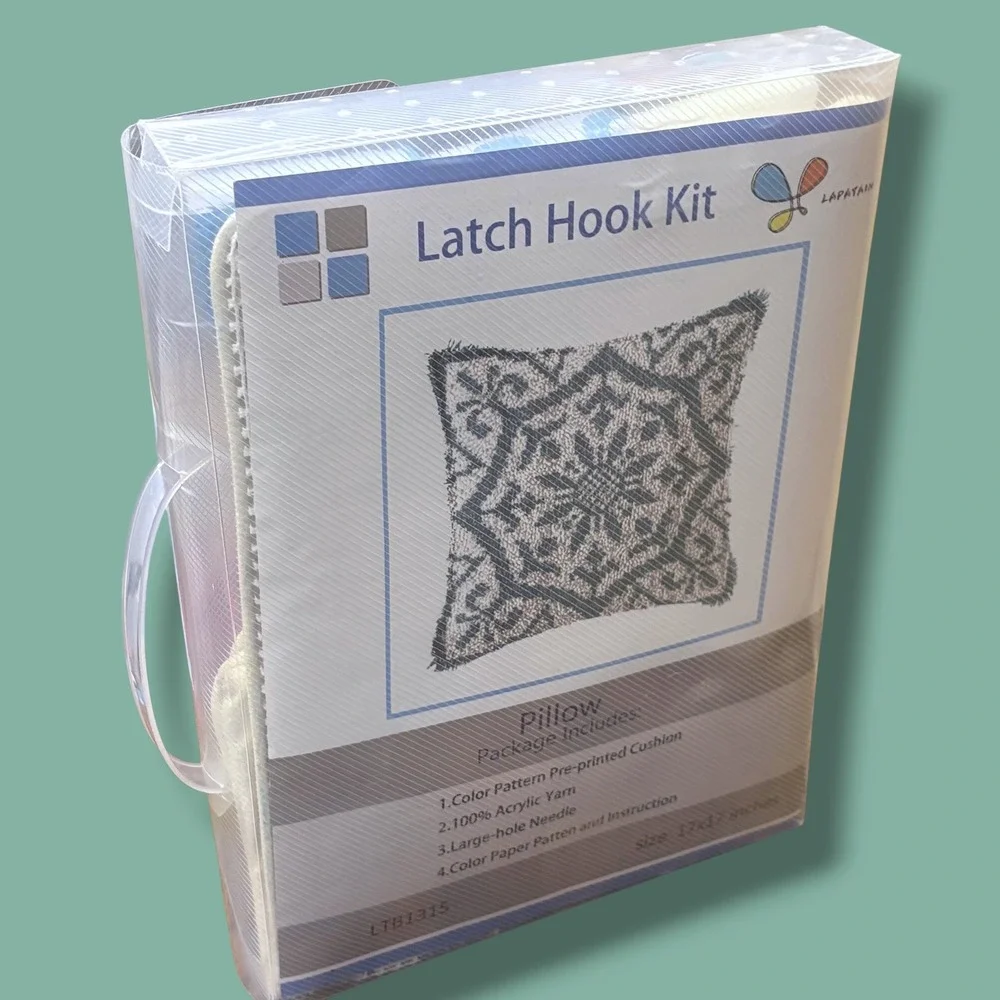 Lapatain Latch Hook Kit Blue Grey Geometric Pillow Case 17x17 DIY Craft LTB1315